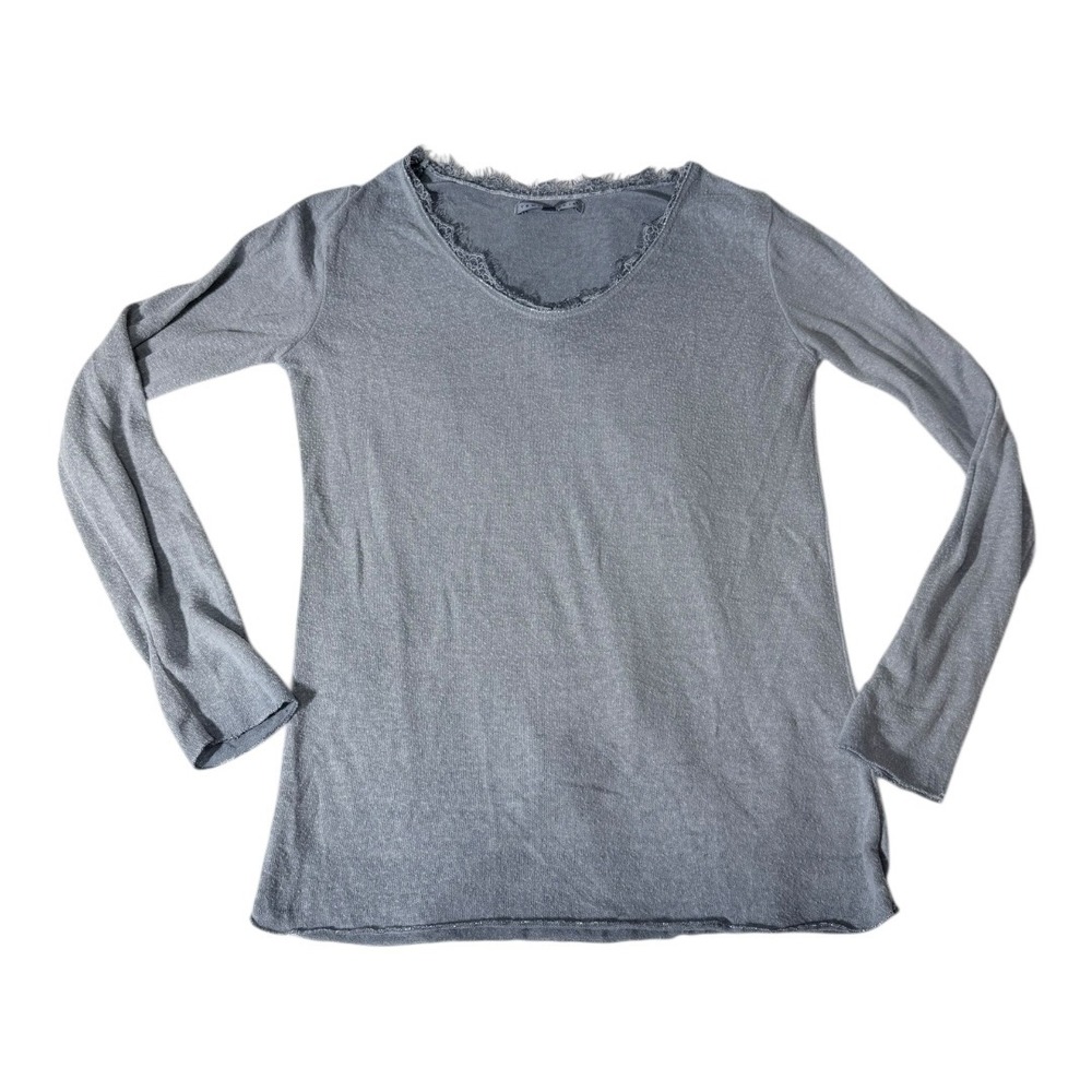 Y2K Coquette Tempo Paris Top Small Gray Lace Trim V-Neck Long Sleeve Ribbed Knit